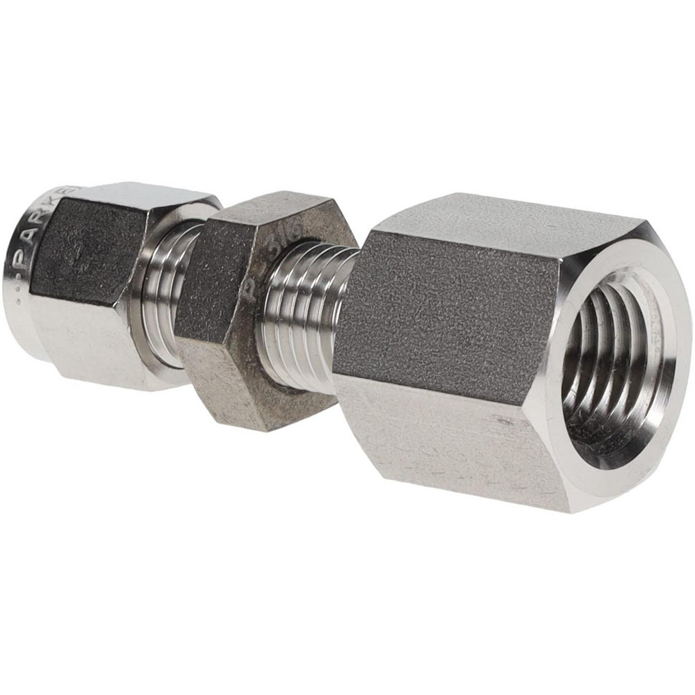 Parker Compression Tube Bulkhead Female Connector: 1/4-18, 1/4" Tube OD, Compression x FNPT - 4FBC4N-316