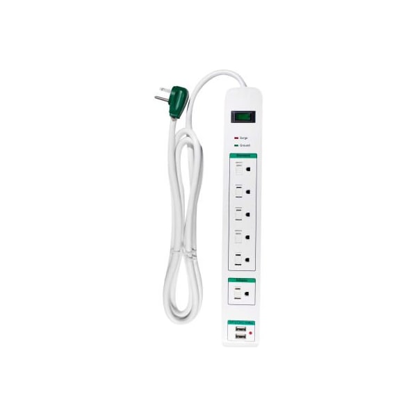 Gogreen Surge Protected Power Strip W/USB Ports, 6 Outlets, 15A, 1600 Joules, 6' Cord - GG-16326USB