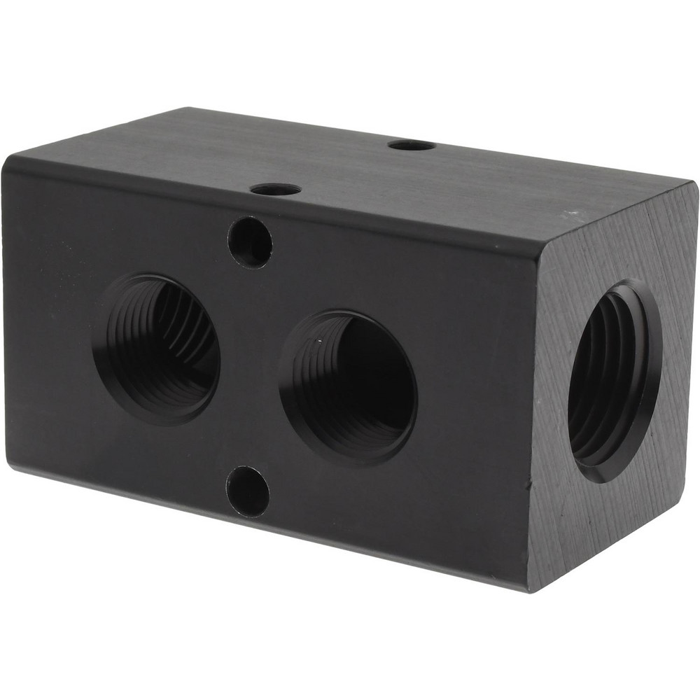 Made in USA Manifold: 1/2" Inlet, 3/8" Outlet, 2 Inlet Ports, 2 Outlet Ports, 2.75" OAL, 1.5" OAW, 1-1/2" OAH - PCM30-375-02B