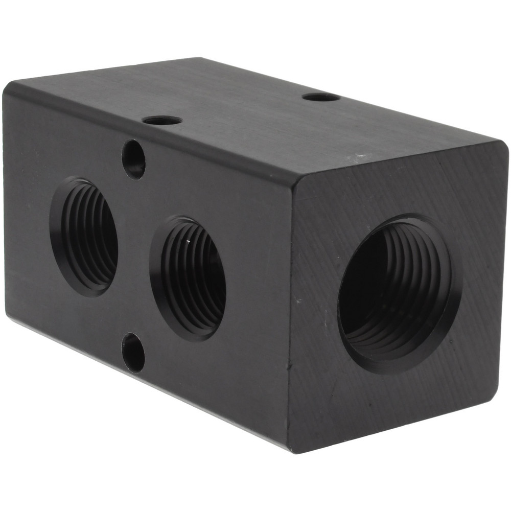 Made in USA Manifold: 1/2" Inlet, 3/8" Outlet, 2 Inlet Ports, 2 Outlet Ports, 2.75" OAL, 1.5" OAW, 1-1/2" OAH - PCM30-375-02B