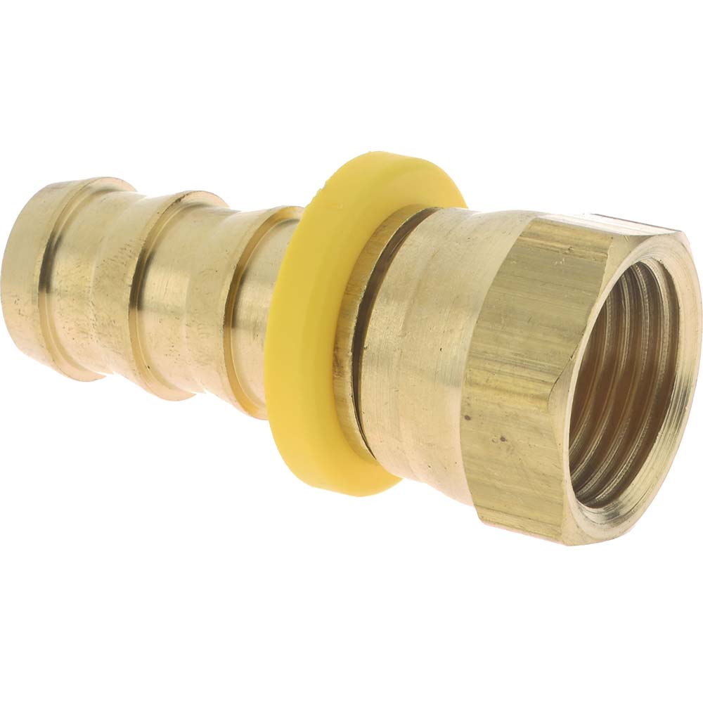 CerroBrass Barbed Push-On Hose Female Connector: 7/16" UNF, Brass, 1/4" Barb - 30230