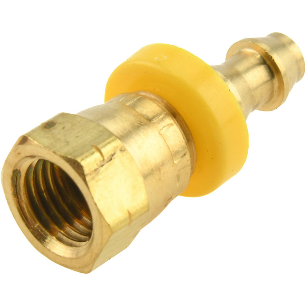 CerroBrass Barbed Push-On Hose Female Connector: 7/16" UNF, Brass, 1/4" Barb - 30230