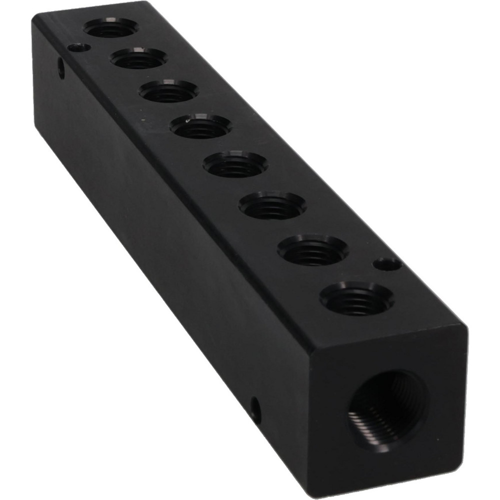 Made in USA Manifold: 3/8" Inlet, 1/4" Outlet, 2 Inlet Ports, 8 Outlet Ports, 7.62" OAL, 1.25" OAW, 1-1/4" OAH - PCM20-250-08B