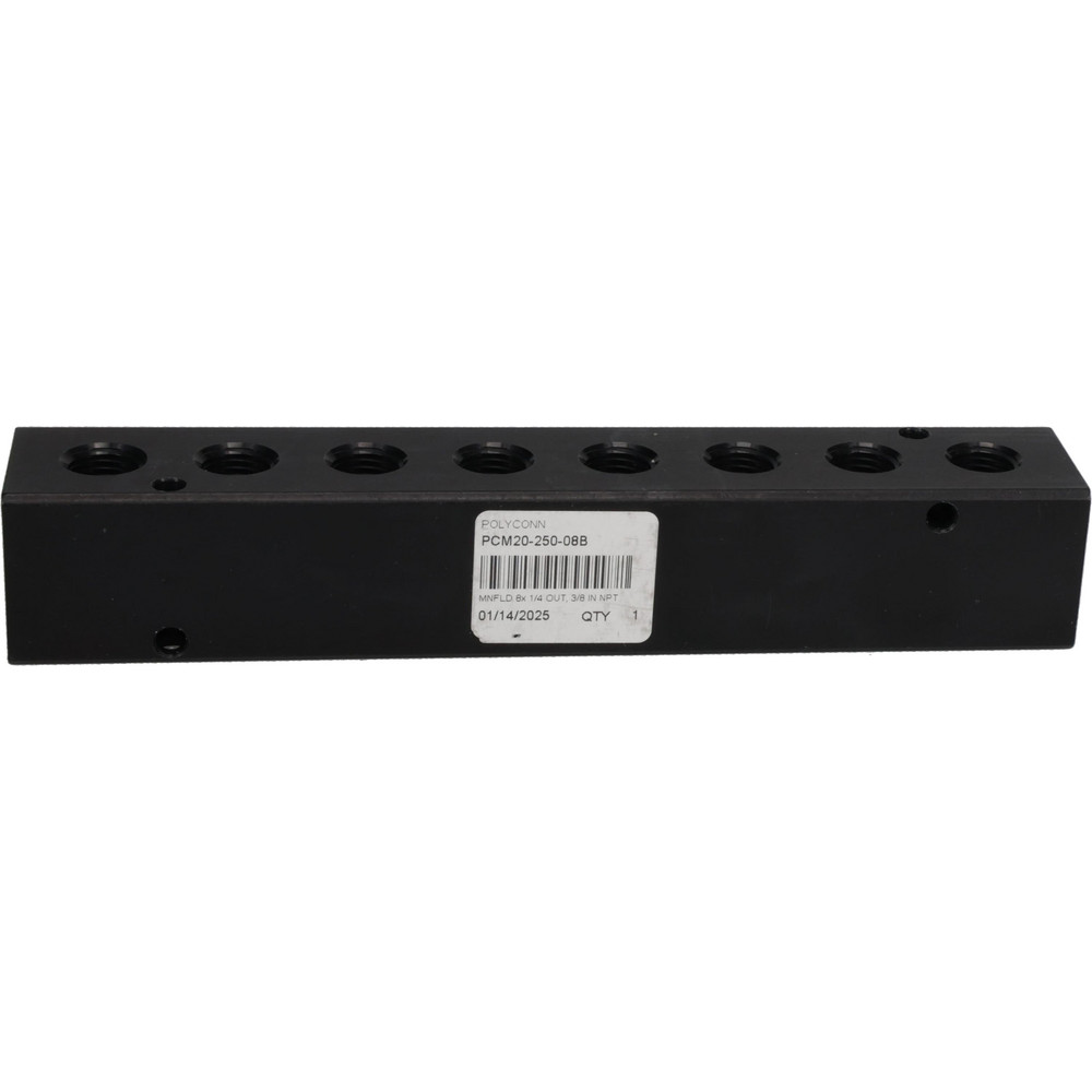 Made in USA Manifold: 3/8" Inlet, 1/4" Outlet, 2 Inlet Ports, 8 Outlet Ports, 7.62" OAL, 1.25" OAW, 1-1/4" OAH - PCM20-250-08B