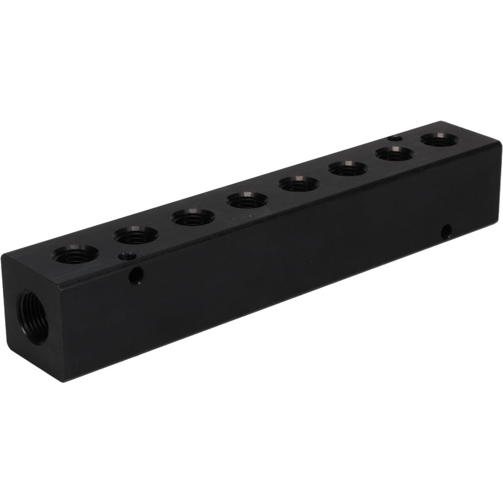Made in USA Manifold: 3/8" Inlet, 1/4" Outlet, 2 Inlet Ports, 8 Outlet Ports, 7.62" OAL, 1.25" OAW, 1-1/4" OAH - PCM20-250-08B