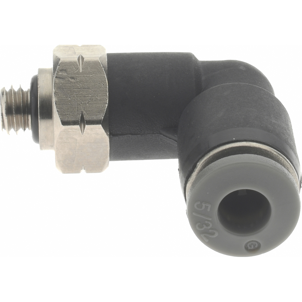 Norgren Push-to-Connect Tube x Male x Tube x Male UNF Fitting: 90 deg Swivel Elbow, #10-32 Thread, UNF, 1/4" OD - C24470410