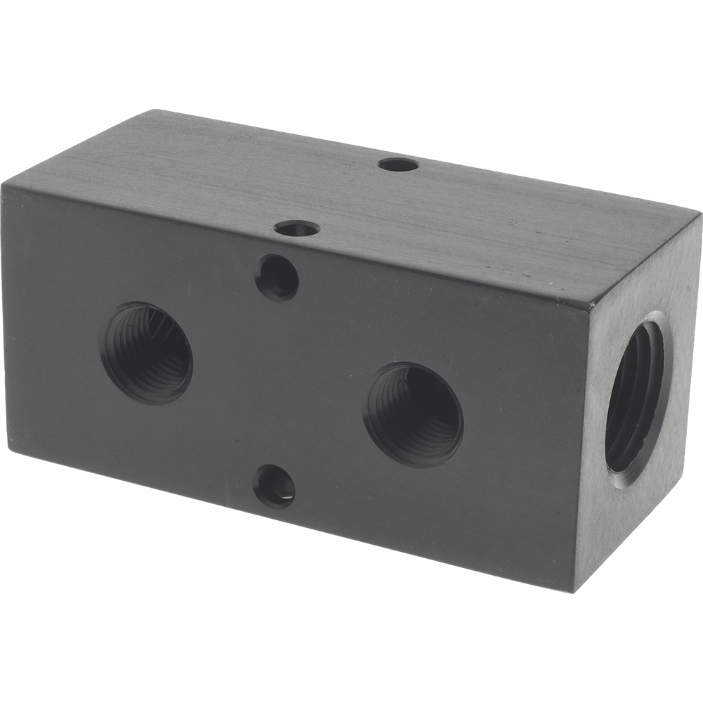 Made in USA Manifold: 1/2" Inlet, 3/8" Outlet, 2 Inlet Ports, 4 Outlet Ports, 6.25" OAL, 1.5" OAW, 1-1/2" OAH - PCM30-375-04BW
