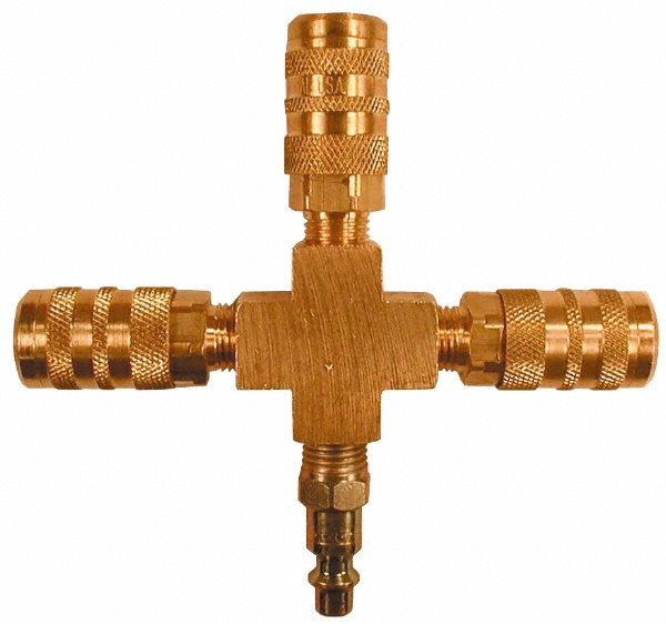 Coilhose Pneumatics Manifold: 1/4" Inlet, 1/4" Outlet, 1 Inlet Port, 3 Outlet Ports, 5" OAL, 0.75" OAW - X004-15X