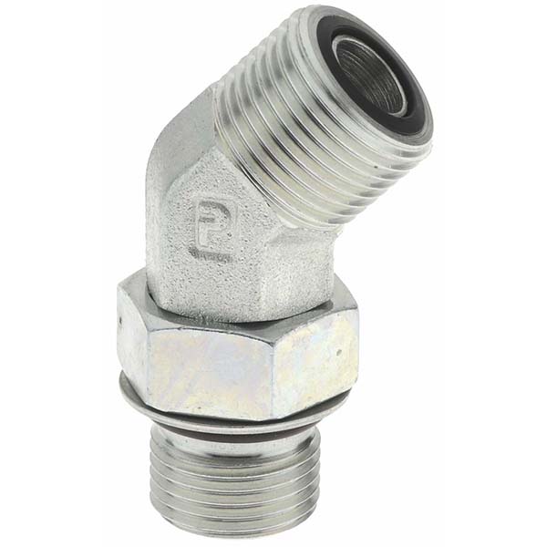 Parker Compression Tube 45 deg Male Elbow: 13/16-16, 1/2" Tube OD, ORFS x SAE-ORB - KP24533