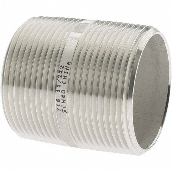Merit Brass Stainless Steel Pipe Nipple: 1-1/2" Pipe, Grade 316 & 316L - 6024-200