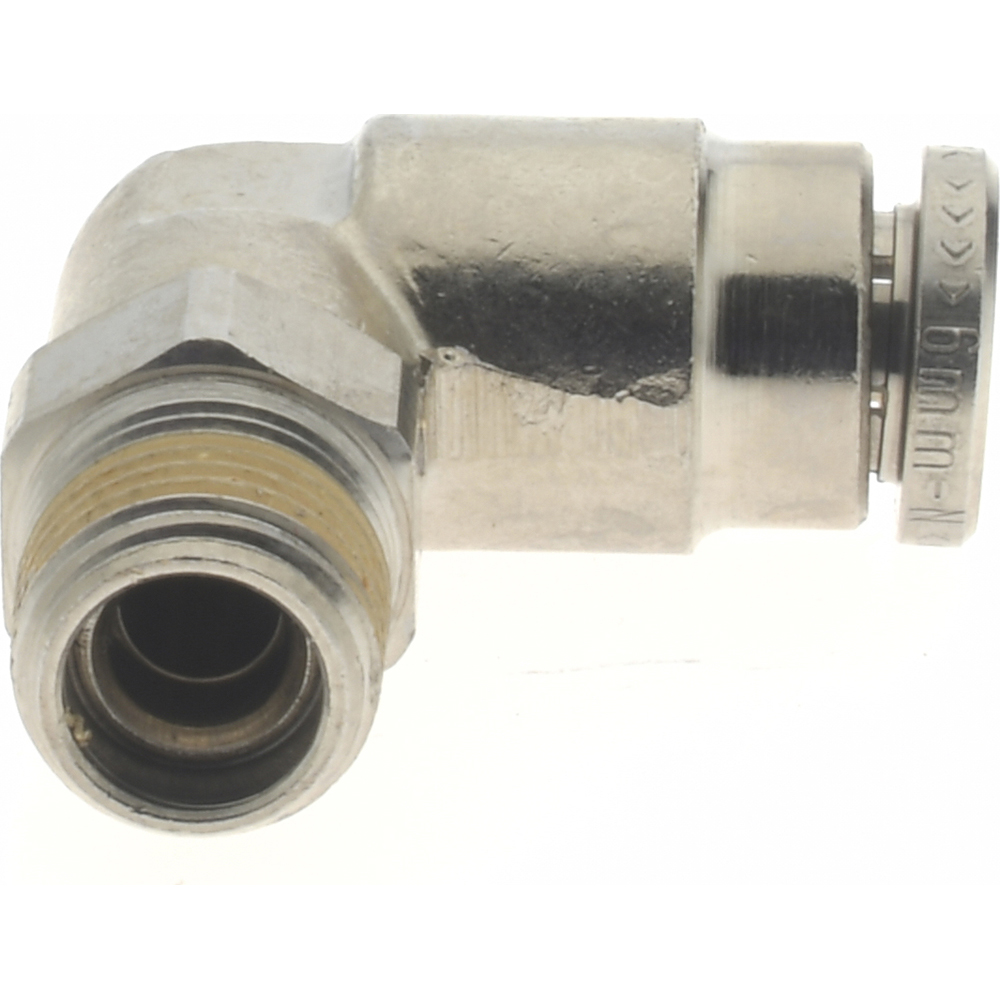 Norgren Push-to-Connect Tube x Male x Tube x Male BSPT Fitting: 90 deg Swivel Elbow Adapter, BSPT, 6.00 mm OD - 101470618
