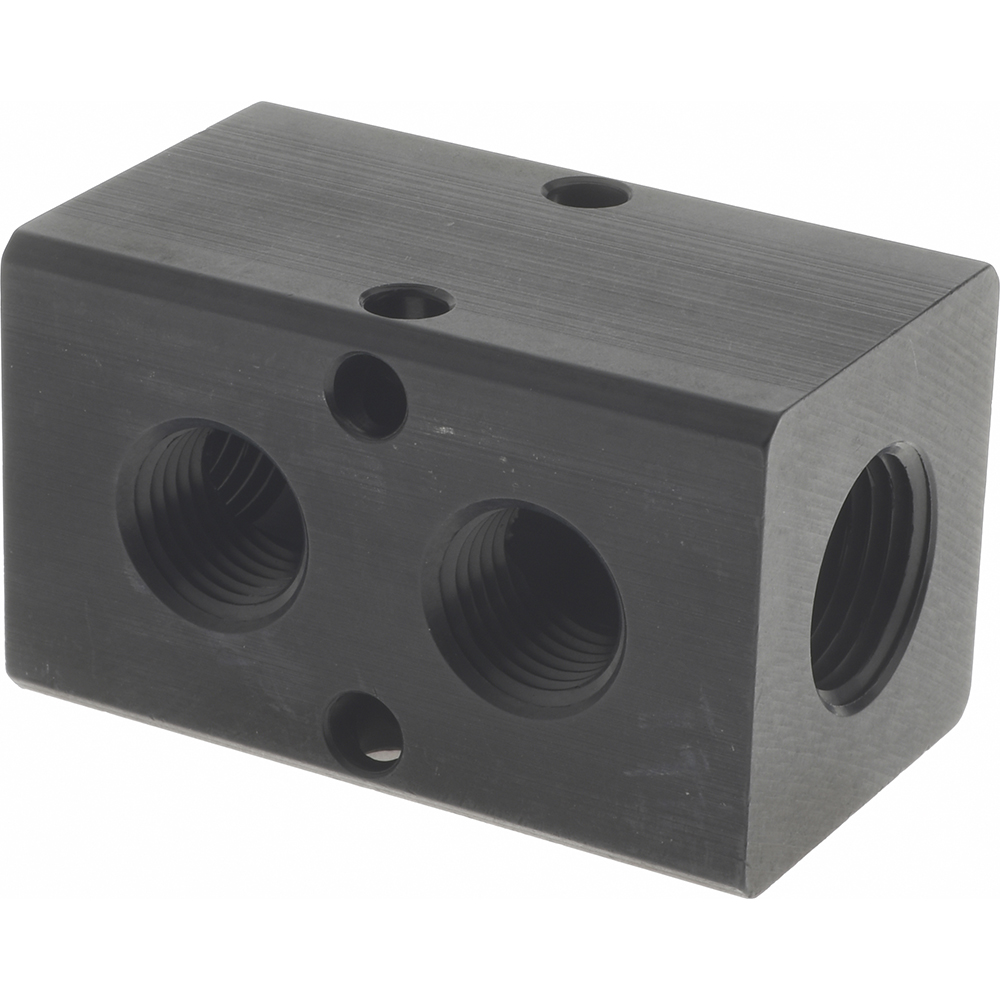 Made in USA Manifold: 3/8" Inlet, 1/4" Outlet, 2 Inlet Ports, 4 Outlet Ports, 4.12" OAL, 1.25" OAW, 1-1/4" OAH - PCM20-250-04B