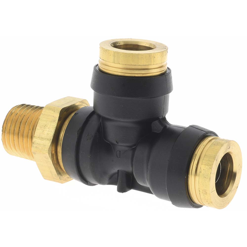 Parker Push-to-Connect Tube x MNPT x Tube x Male Fitting: Swivel Run Tee, NPTF, 3/8" OD - 14249