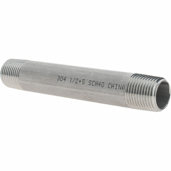 Merit Brass Stainless Steel Pipe Nipple: 1/2" Pipe, Grade 304 & 304L - 4008-500