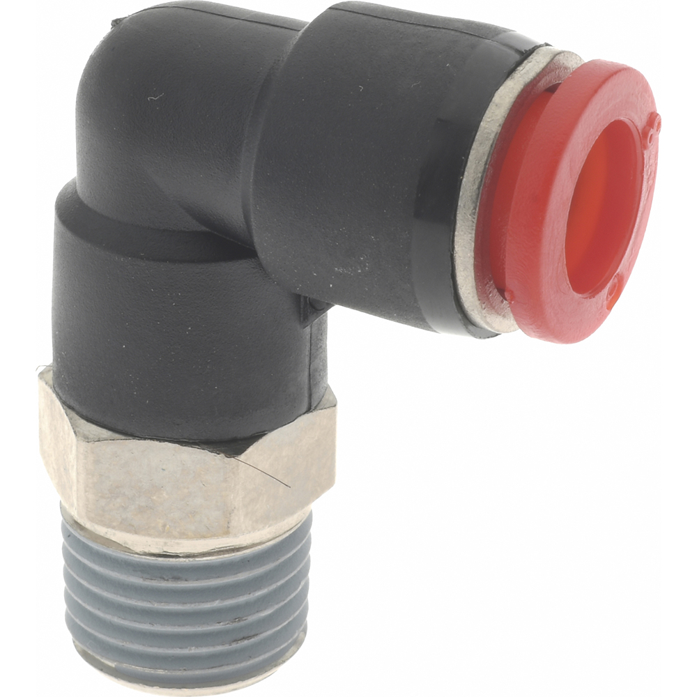 Norgren Push-to-Connect Tube x Male x Tube x Male BSPT Fitting: 90 deg Swivel Elbow, BSPT, 6.00 mm OD - C01470628
