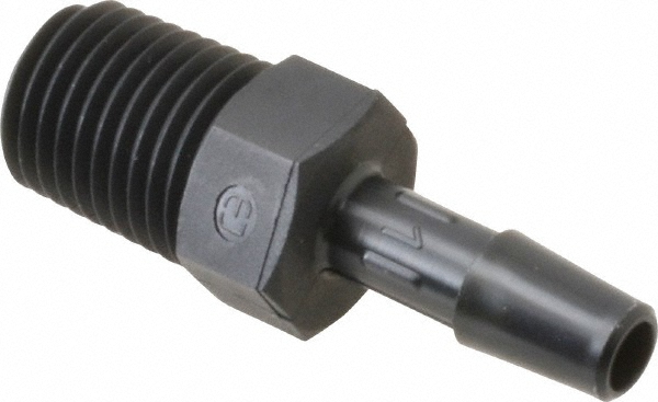 Made in USA Barbed Tube Adapter: Single Barb, 1/4" Barb, 1/4" NPT - A4-4BN