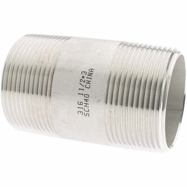 Value Collection Stainless Steel Pipe Nipple: 1-1/2" Pipe, Grade 316 & 316L - 6BN11/2*3