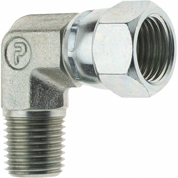Parker Steel Flared Tube 90 Deg Swivel Elbow: 3/8" OD, 37 deg Flared Angle - 6 X6EF-S
