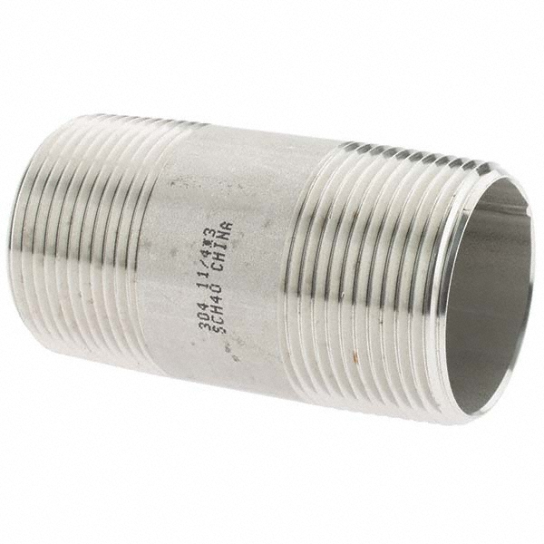 Merit Brass Stainless Steel Pipe Nipple: 1-1/4" Pipe, Grade 304 & 304L - 4020-300