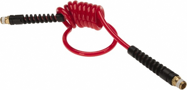 Coilhose Pneumatics Coiled & Self Storing Hose: 3/16" ID, 5' Long, Male Swivel x Male Swivel with Strain Relief - PU316-5B-G