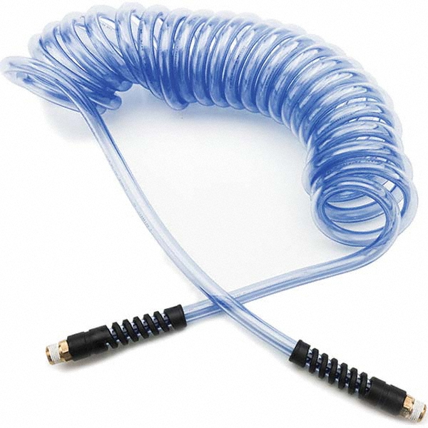 Parker Coiled & Self Storing Hose: 1/4" ID, 25' Long, MNPT (Swivel) x MNPT (Swivel) - 95UFS64BLU025