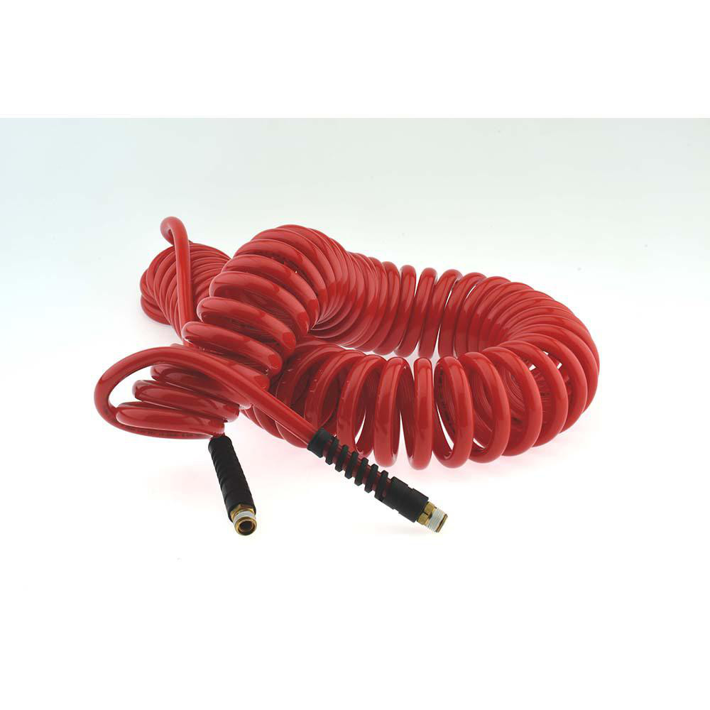 Coilhose Pneumatics Coiled & Self Storing Hose: 3/8" ID, 30' Long, Male Swivel x Male Swivel with Strain Relief - PU38-30B-B