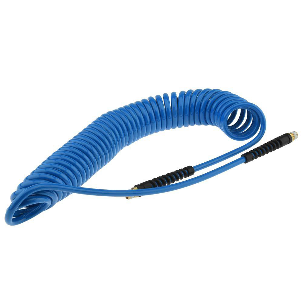 Coilhose Pneumatics Coiled & Self Storing Hose: 1/4" ID, 25' Long, Male Swivel x Male Swivel with Strain Relief - PU14-25B-G