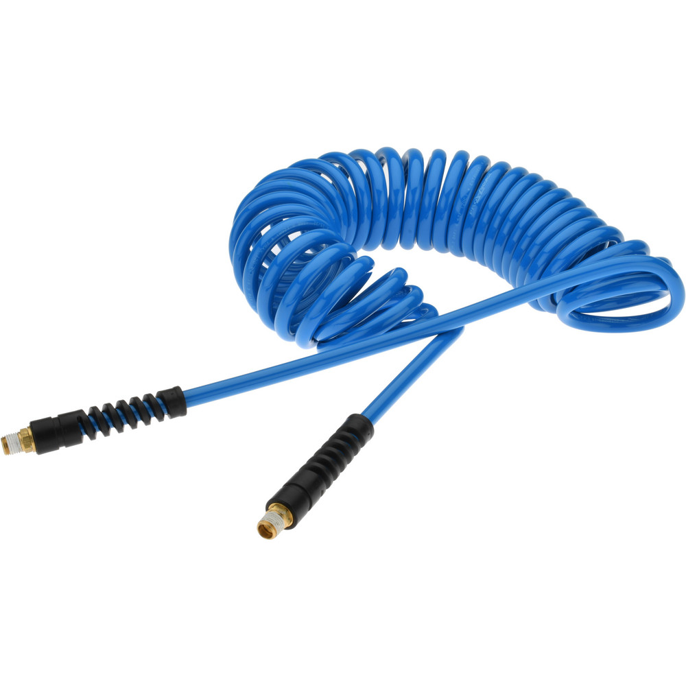 Coilhose Pneumatics Coiled & Self Storing Hose: 5/16" ID, 15' Long, Male Swivel x Male Swivel with Strain Relief - PU516-15B-G