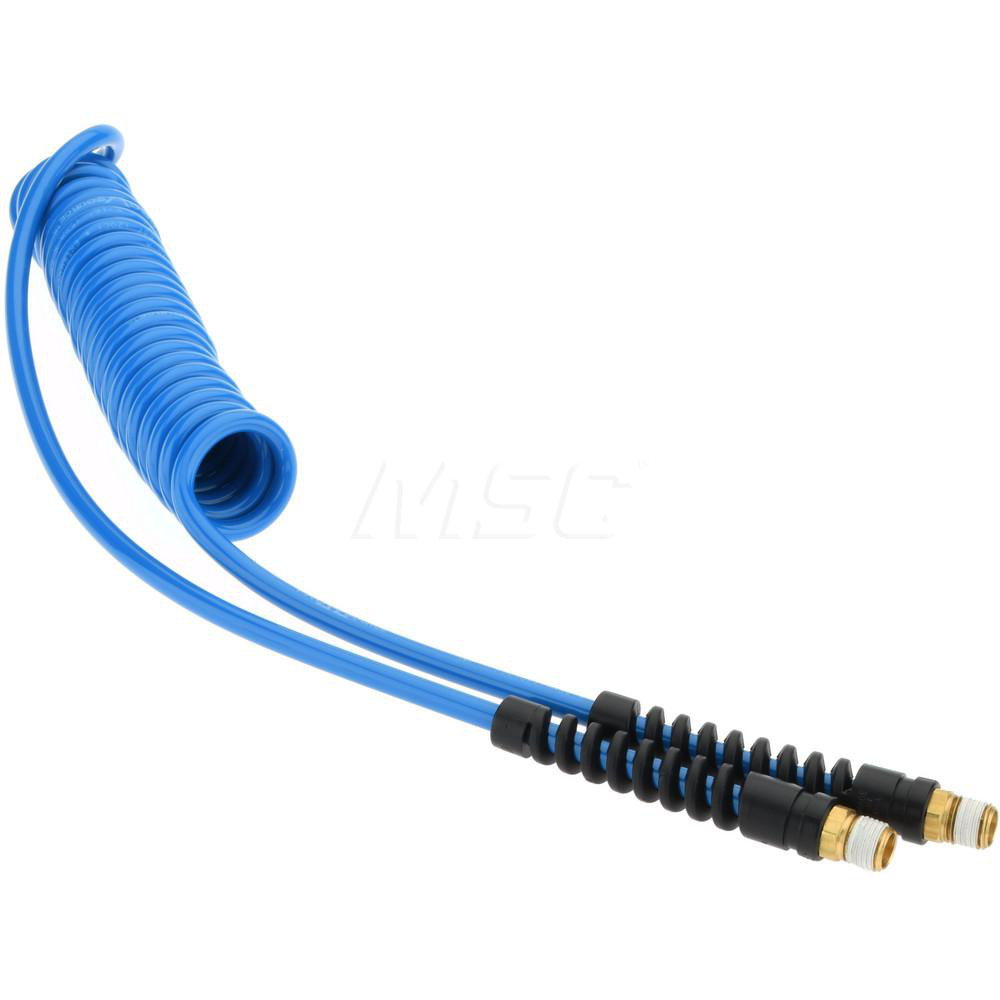 Coilhose Pneumatics Coiled & Self Storing Hose: 3/16" ID, 10' Long, Male Swivel x Male Swivel with Strain Relief - PU316-10B-G