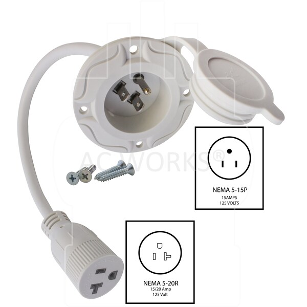 Ac Works STW Extension Cord, 12 AWG, Indoor/Outdoor, 12/3, 1 Outlets, White, PVC, L21-20P, 1 ft - IN515520WT