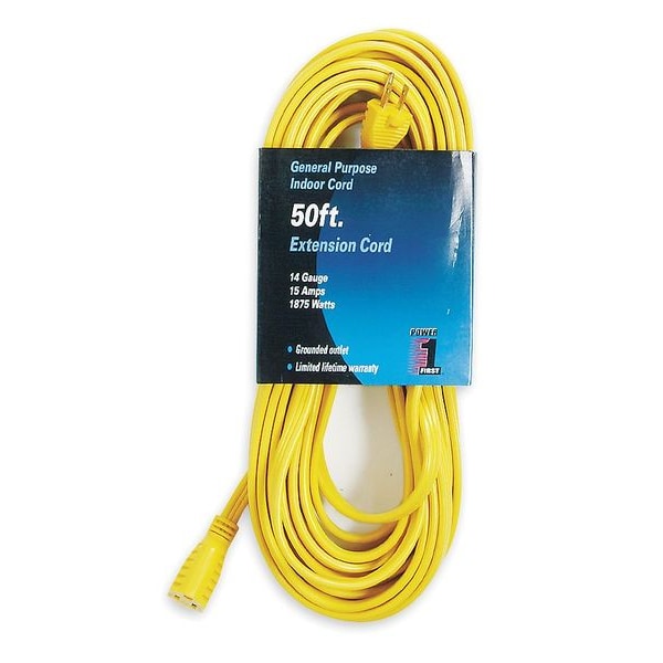 Power First SPT-3 Extension Cord, 14 AWG, Indoor, 14/3, 1 Outlets, 5-15R, Yellow, PVC, 5-15P, 50 ft - 1FD61