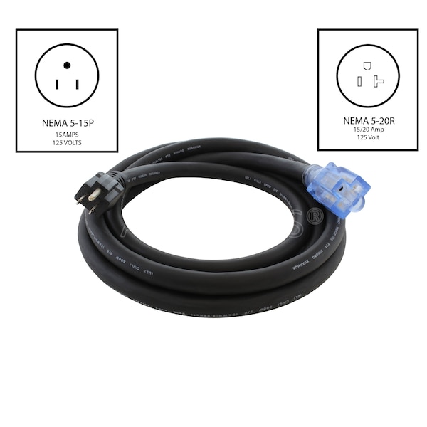 Ac Works SOOW; Cold Weather Extension Cord, 10 AWG, Indoor/Outdoor, 10/3, 1 Outlets, Black, Rubber, Nylon - SD515520-075