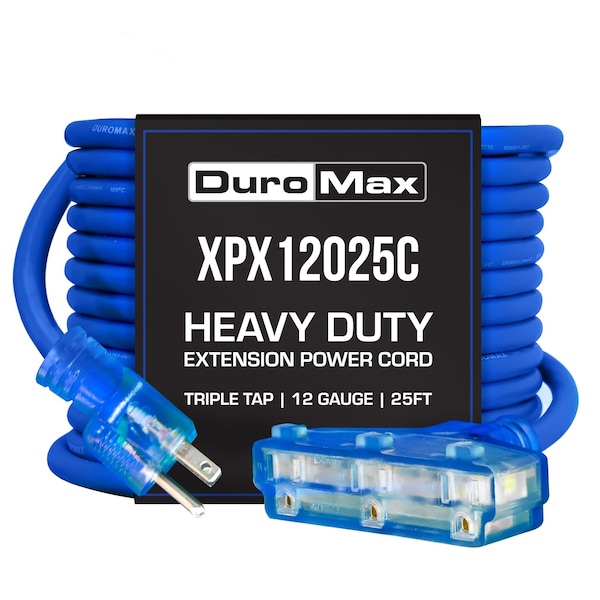 Duromax SJEOOW Extension Cord, 12 AWG, Indoor/Outdoor, 3 Outlets, Blue, PVC, 25 ft - XPX12025C