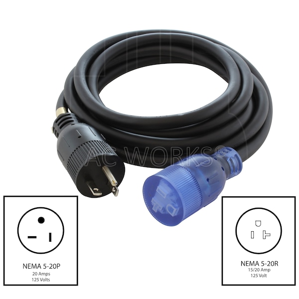 Ac Works SJTW; Cold Weather Extension Cord, 12 AWG, Indoor/Outdoor, 12/3, 1 Outlets, Black, PVC, 5-20P - S520PR-010