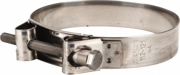 Mikalor T-Bolt Hose Clamp: 4.41 to 4.76" Hose, 63/64" Wide, Stainless Steel - 301325-1