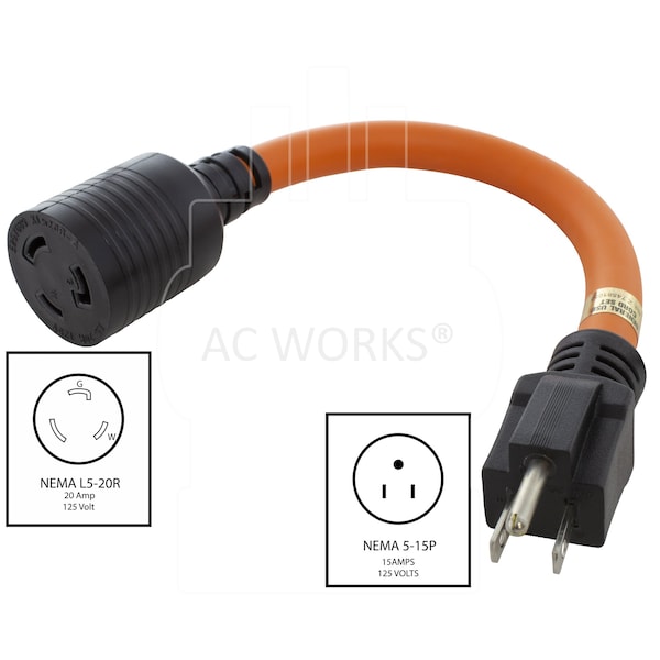 Ac Works 1FT Adapter Cord 15A Household Plug to L5-20R 20A Locking Female Connector - S515L520-012