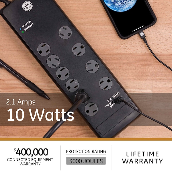Ge Surge, 10 Outlet 6Ft Cord 2USB Port 2.1A - 14096