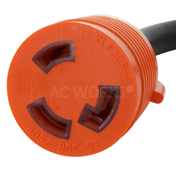 Ac Works 1ft 3-Phase 30A 250V L15-30P 4-Prong Plug to L6-30R Locking 250V Connector - L1530L630-012