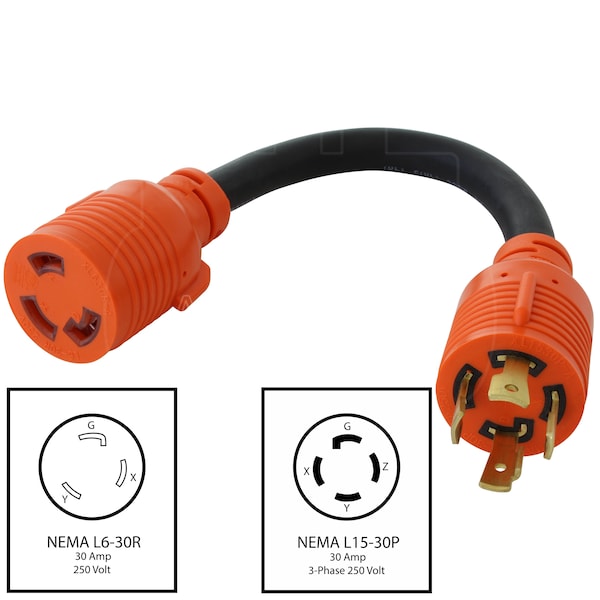 Ac Works 1ft 3-Phase 30A 250V L15-30P 4-Prong Plug to L6-30R Locking 250V Connector - L1530L630-012