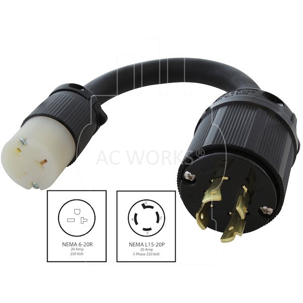 Ac Works 1FT L15-20P 3-Phase 20A 250V 4-Prong Plug to 6-15/20R 250V 15/20A T-Blade - L1520620-012