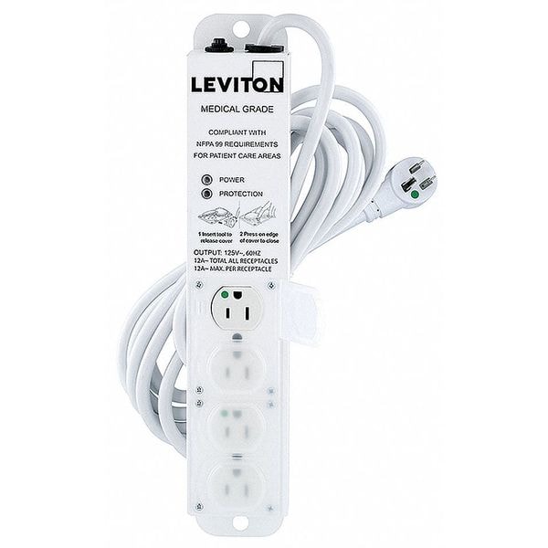 Leviton Outlet Strip, 15 A, 15 ft Cord L, 4 Outlets - 5304M-1S5