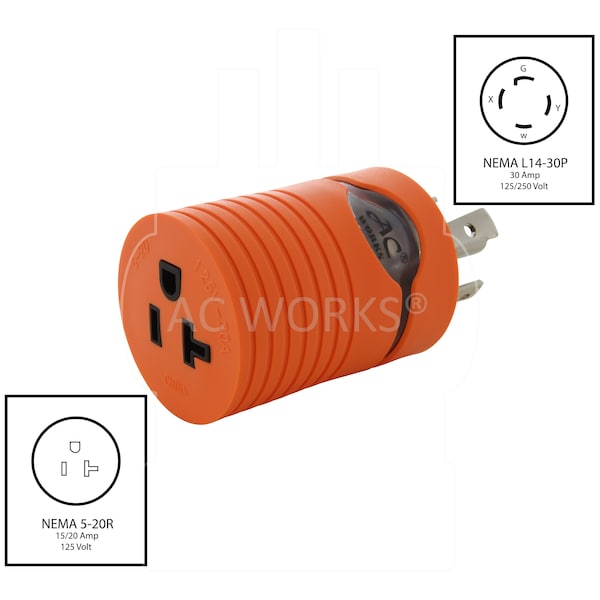 Ac Works L14-30P 30A 125/250V 4-Prong Plug - 5-15/20R Household 15/20A Connector - ADL1430520