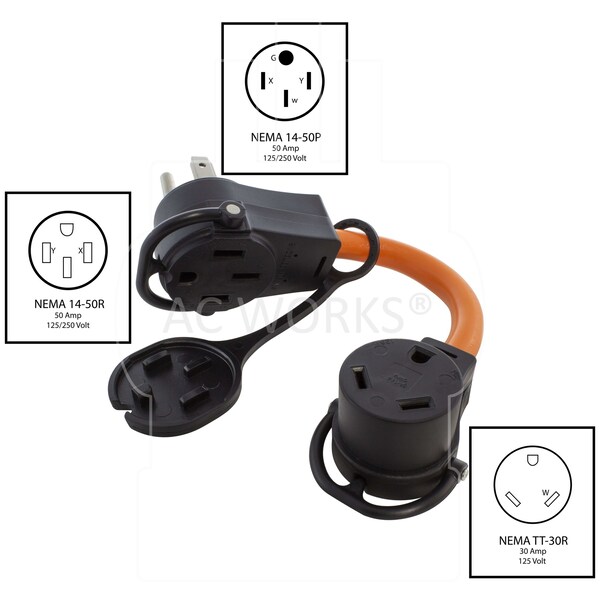 Ac Works 1FT 50A 14-50 Piggy-Back Plug with TT-30R Connector Adapter Cord - PB1450TT