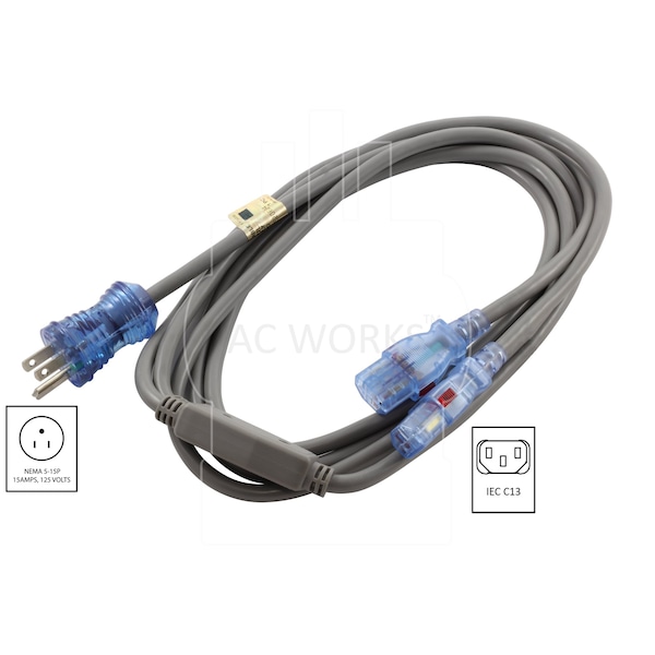Ac Works 13A 10FT Medical Hospital Grade Y Power Cord with 2 Locking IEC C13 - MD171-ALY