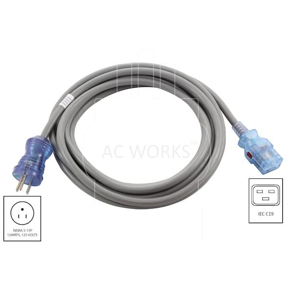 Ac Works 15FT 15A 14/3 Medical Grade Power Cord with Locking IEC C19 - MD261-AL
