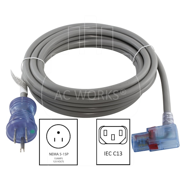 Ac Works 15FT 14/3 15A Medical Grade Power Cord with Locking Right Angle IEC C13 - MD15ARC13-180AL