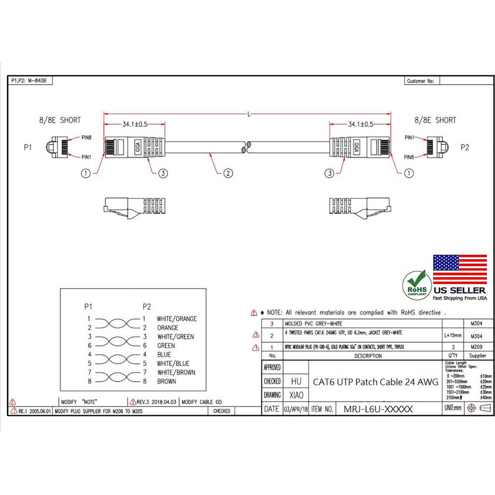 CompuCablePlusUSA Network & Ethernet Cable: Wire Type: Cat6; Wire Size: 24.000; Shield Type: Unshielded; Transmission Speed: 550 - MRJ-L6U-25WHI