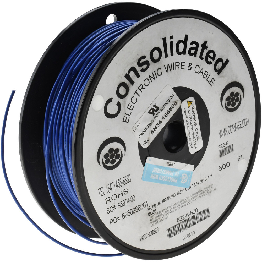 Made in USA 18 AWG, 16 Strand, 500' OAL, Tinned Copper Hook Up Wire - 822-6-500