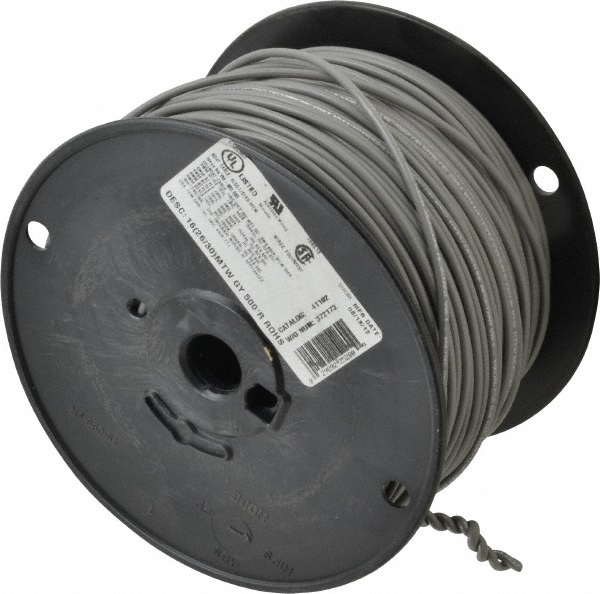Southwire Machine Tool Wire: 16 AWG, Gray, 500' Long, Polyvinylchloride, 0.12" OD - 411020509