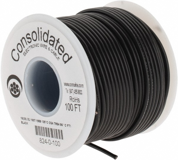 Made in USA 16 AWG, 26 Strand, 100' OAL, Tinned Copper Hook Up Wire - 824-0-100